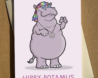 Hippopotame Hippy Pun Carte de vœux A6 | Carte d'anniversaire drôle | Carte de jeu de mots de dessin animé | Carte d'animaux | Carte Humour | Carte grossière