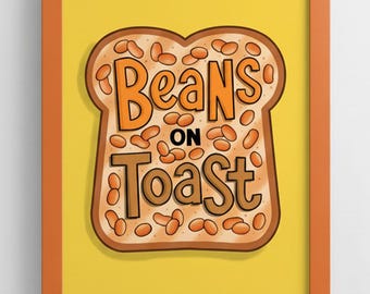 Baked Beans on Toast Giclée Print: Retro Kitchen Food Art, Colourful Breakfast Poster