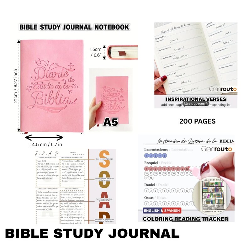 May include: Pink Bible study journal notebook with the text "Diario de Estudio de la Biblia". The journal is A5 size, 5.7 inches wide and 8.27 inches tall, with 200 pages. Includes a coloring reading tracker.