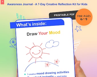 Puede incluir: Un diario infantil titulado "Draw Your Feelings", con un título azul y las palabras "Draw Your Mood" sobre un fondo blanco. El diario es para niños de 6 a 9 años e incluye actividades creativas de dibujo de estado de ánimo. Es un "PDF imprimible".