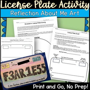 May include: A collection of printable worksheets for a "License Plate Activity" art project. The worksheets include brainstorming, drafting, and final draft templates, along with a sample license plate design with the text "F3AR1E55". The text "Print and Go, No Prep!" is also visible.