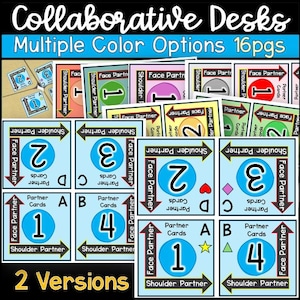 May include: A collection of colorful educational cards for collaborative learning. The cards feature numbers, shapes, and the text "Face Partner" and "Shoulder Partner." The title "Collaborative Desks" and "Multiple Color Options 16pgs" are displayed at the top, with "2 Versions" at the bottom.