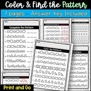 May include: Black and white printable activity sheets with the text "Color & Find the Pattern" and "7 pages - Answer Key Included". The sheets feature patterns of shapes for colouring and completing. The phrase "Print and Go" is also visible.