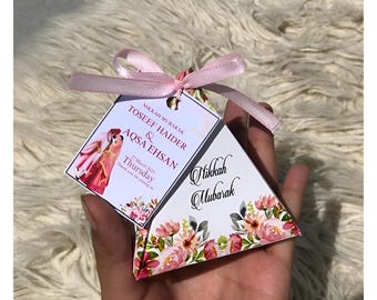 Scatole per bomboniere con etichette personalizzate, scatole per offerte Nikkah Mubarak per gli ospiti