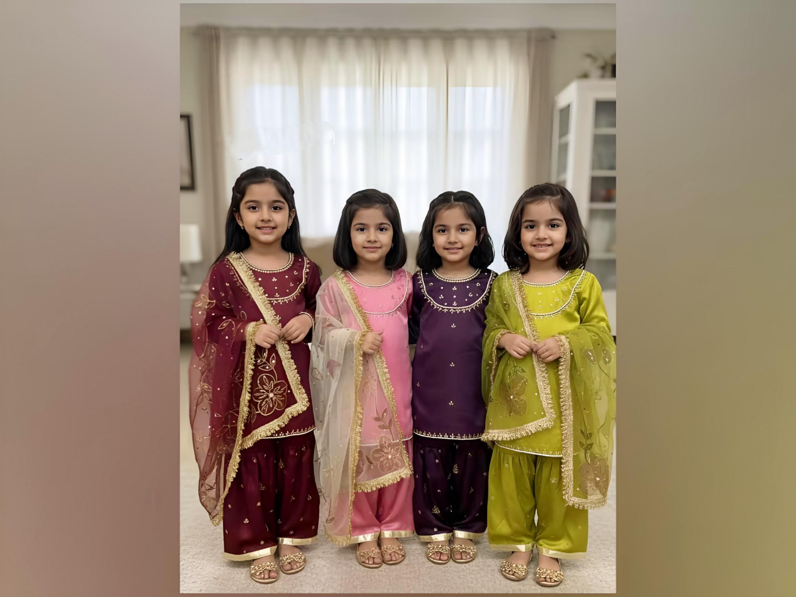 Tenue Traditionnelle Lengha Salwar Kameez Pour Enfant 2-3 Ans - Or Et Rose - Neuf