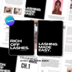Peut inclure: Deux tablettes noires avec du texte blanc : "RICH OFF LASHES" et "LASHING MADE EASY." L'arrière-plan présente des images et du texte flous, avec un logo "Canva". L'image est un manuel de formation, probablement pour les techniciennes en cils.