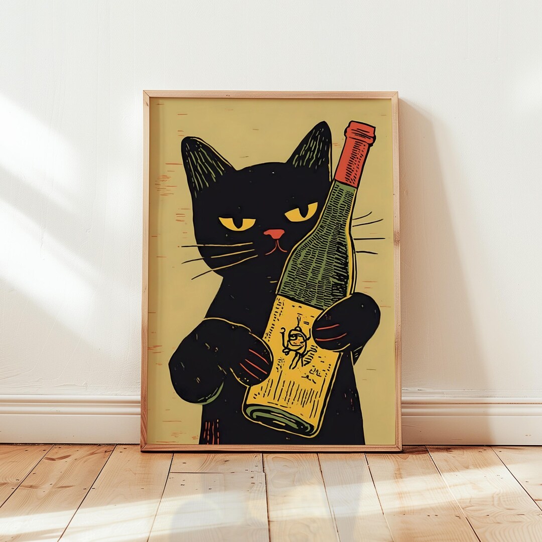 Vintage Black Cat Wine Poster – Funny Feline Art Print - Etsy