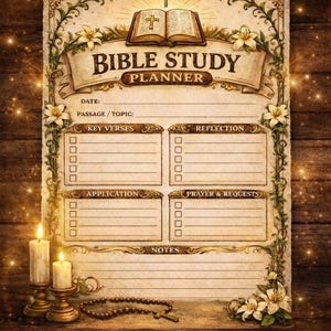 May include: A Bible study planner with a vintage design, featuring an open book with a cross, floral accents, and space for notes. The text reads "BIBLE STUDY PLANNER!" and includes prompts for key verses and reflection.