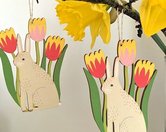 Spring Rabbit with Tulips Wooden Hanging Easter Decoration