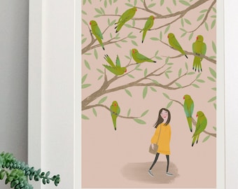 Parakeets A4 Giclee print: Green and Pink Wall Art