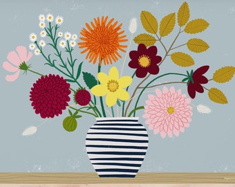 A3 Illustrated Autumn Flowers Bouquet Art Print