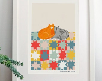 Katzen auf Quilt A4 Giclee Druck: Patchwork, Folk Art Print