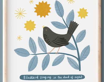 A4 or A3 Illustrated Beatles Art Print: Blackbird Singing in the Dead of Night