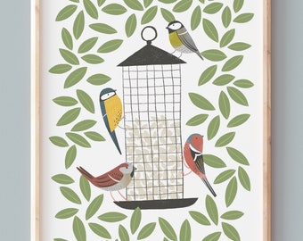 A3 Illustrated British Garden Birds at Feeder Art Print