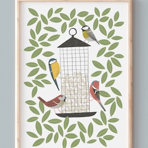 A3 Illustrated British Garden Birds at Feeder Art Print image 1