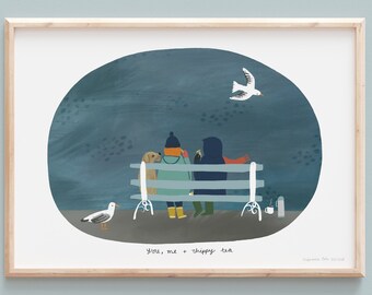 You, Me + Chippy Tea A4 Giclee Art Print Fish and Chips Romantic Illustration