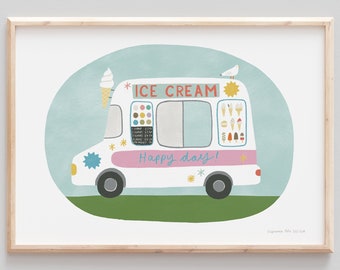 Ice Cream Van Truck A4 Giclee Art Print Illustration