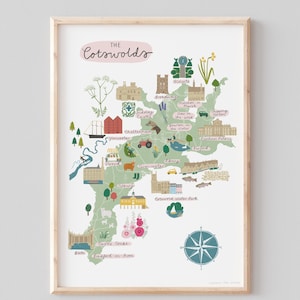 Impression artistique carte illustrée des Cotswolds A4 ou A3