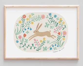 Spring Hare Giclee print: Folk Rabbit Scandinavian Wall Art