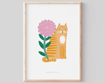 Ginger Cat with Dahlia A5 Art Print