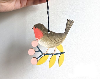 Robin with Berries Wooden Christmas Tree Decoration