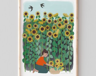 Sunflower Picking Illustrierter A4 Giclee Kunstdruck