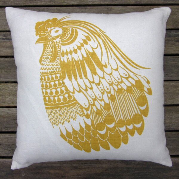 100% linen screen printed Cockerel Pillow in Mustard
