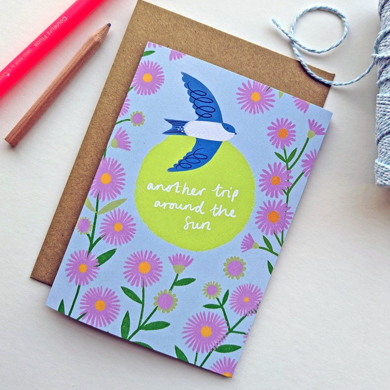 Another trip around the sun birthday greeting card with swallow bird and lilac flowers