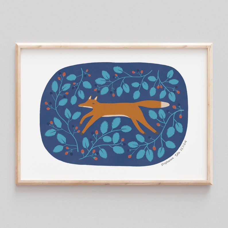 Blackberries Fox Giclee print: Folk Fox Scandinavian Wall Art image 1