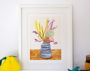 A4 Giclee print: Spring bunch in stripe vase