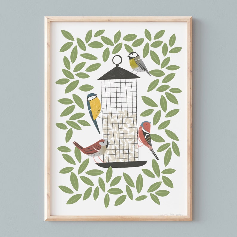 A3 Illustrated British Garden Birds at Feeder Art Print image 1