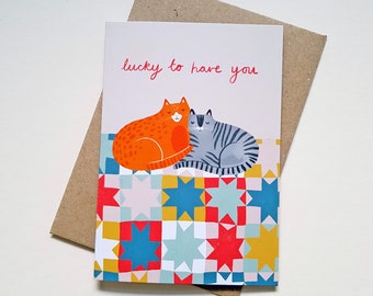Lucky to Have You Illustrated Cats Quilt Card