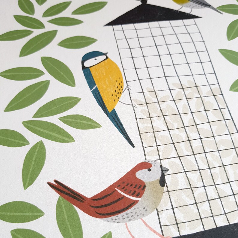 A3 Illustrated British Garden Birds at Feeder Art Print image 2