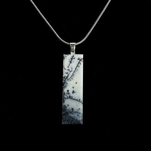 May include: A silver necklace featuring a rectangular pendant with a black and white dendritic pattern. The pendant hangs from a delicate silver chain, displayed against a black background.