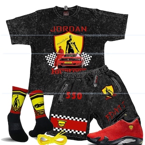 May include: A black and gray acid wash t-shirt, shorts, socks, and sneakers set. The t-shirt and shorts feature a graphic of Michael Jordan and a red Ferrari. The socks are black and yellow. The sneakers are red.