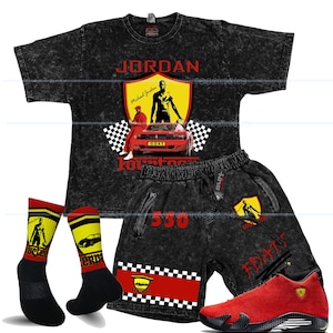 May include: A black acid wash t-shirt, shorts, socks, and sneakers set. The shirt and shorts feature a graphic of Michael Jordan and a red Ferrari. The socks and sneakers are red and black.