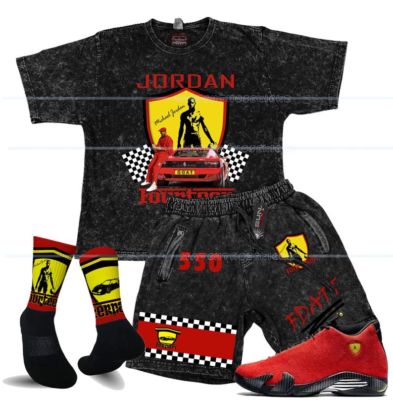 May include: A black acid wash t-shirt, shorts, socks, and sneakers set. The shirt and shorts feature a graphic of Michael Jordan and a red Ferrari. The socks and sneakers are red and black.