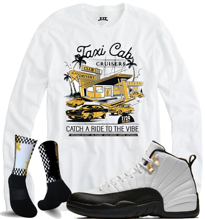 May include: A white long-sleeve shirt with a Taxi Cab Cruisers graphic, black and white checkered socks, and white and black sneakers. The shirt features a retro design with cars and the text "Catch a Ride to the Vibe."