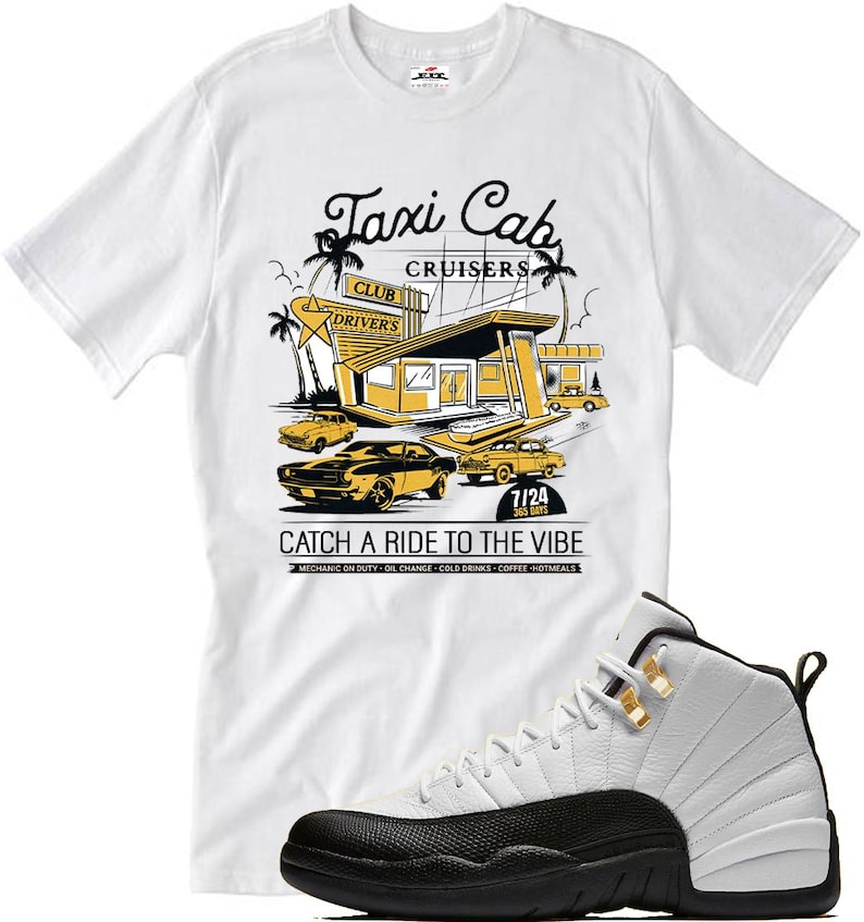 May include: White t-shirt with a graphic of a retro taxi cab scene, including cars and a building with the text "Taxi Cab Cruisers." Paired with white and black sneakers with gold accents. The shirt also has the text "Catch a Ride to the Vibe."