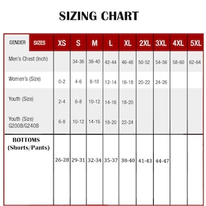 Puede incluir: Una tabla de tallas con el texto "SIZING CHART" en la parte superior. La tabla incluye tallas para el pecho de hombre en pulgadas, tallas de mujer, tallas de j&oacute;venes y tallas de bajos (pantalones cortos/pantalones). Las tallas van de XS a 5XL.