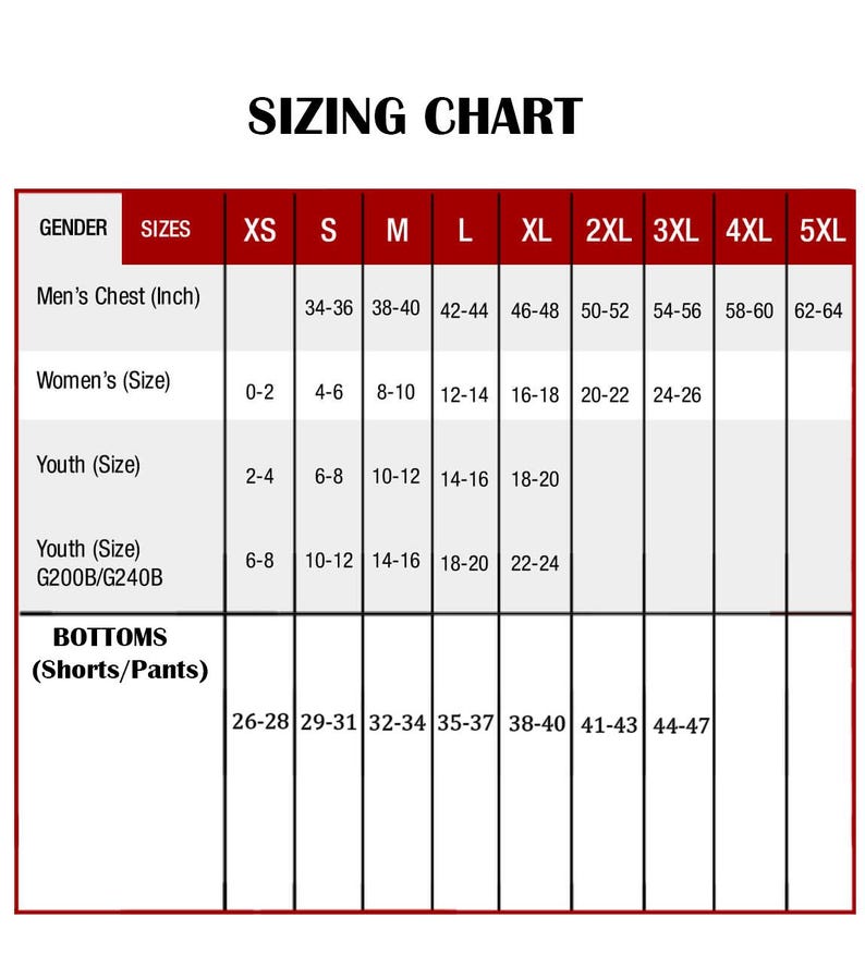 Puede incluir: Una tabla de tallas con el texto "SIZING CHART" en la parte superior. La tabla incluye tallas para el pecho de hombre en pulgadas, tallas de mujer, tallas de j&oacute;venes y tallas de bajos (pantalones cortos/pantalones). Las tallas van de XS a 5XL.