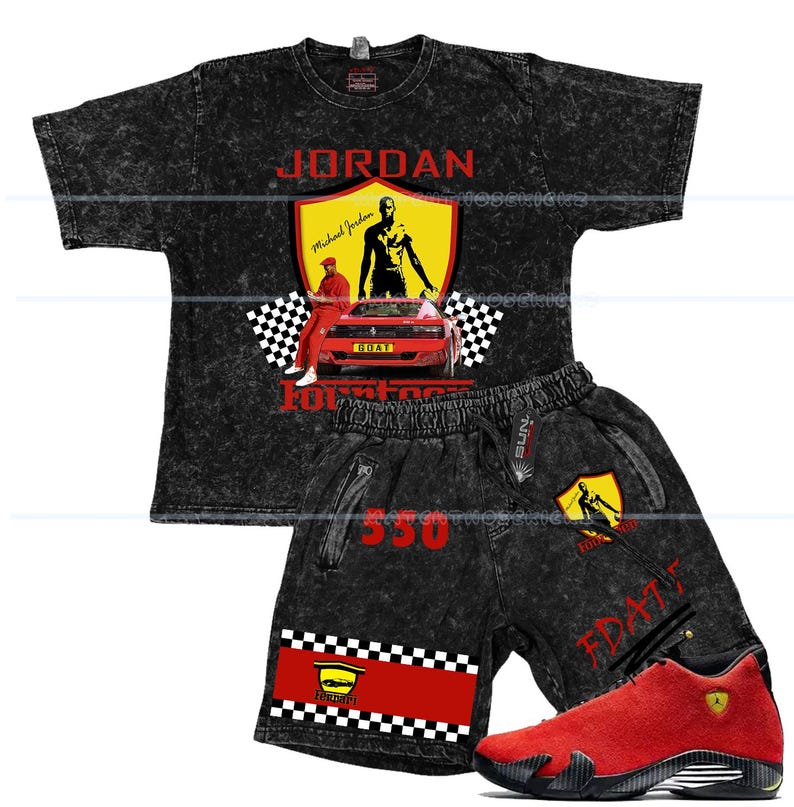 May include: Black acid wash t-shirt and shorts set with a red and yellow graphic of Michael Jordan and a Ferrari. The shorts have the number "550" in red. Red and black sneakers complete the outfit.
