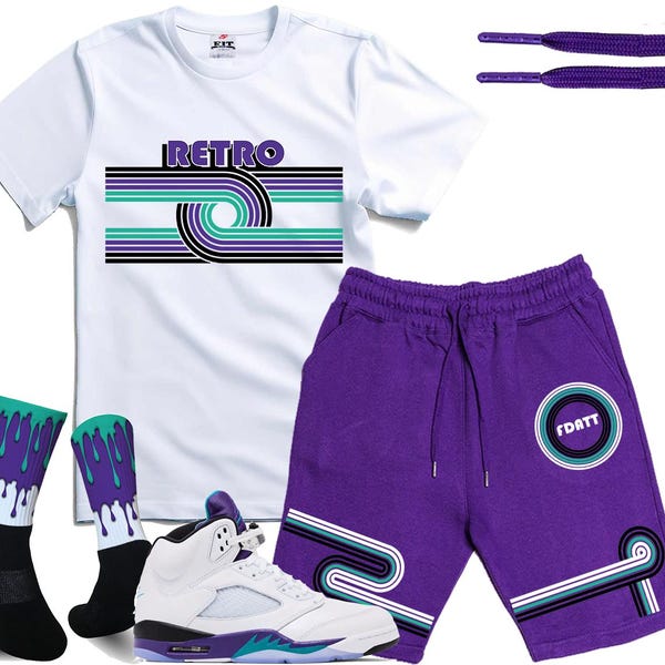 FDATT Custom matching Short set for Retro Jordan 5 Grapes emerald green purple