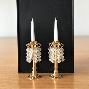 Dollhouse Miniature pair of gold plated candlesticks with crystal pendants.