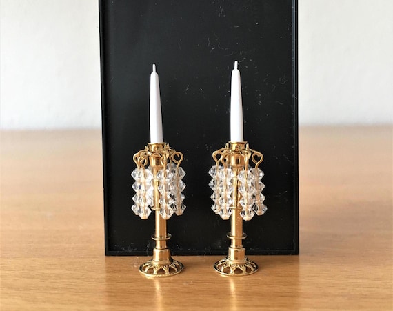 Dollhouse Miniature pair of gold plated candlesticks with crystal pendants. by Bindels