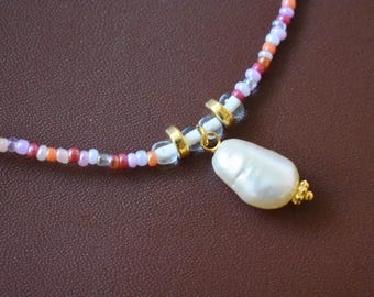 Pink sunset seed bead necklace with pearl pendant, coastal jewelry