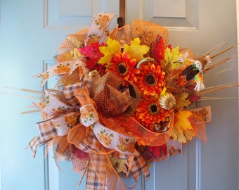 Fall pumpkin wreath, Fall wreath for front door, Fall sunflower wreath, Autumn wreath for front door, Fall wreath, Fall scarecrow wreath