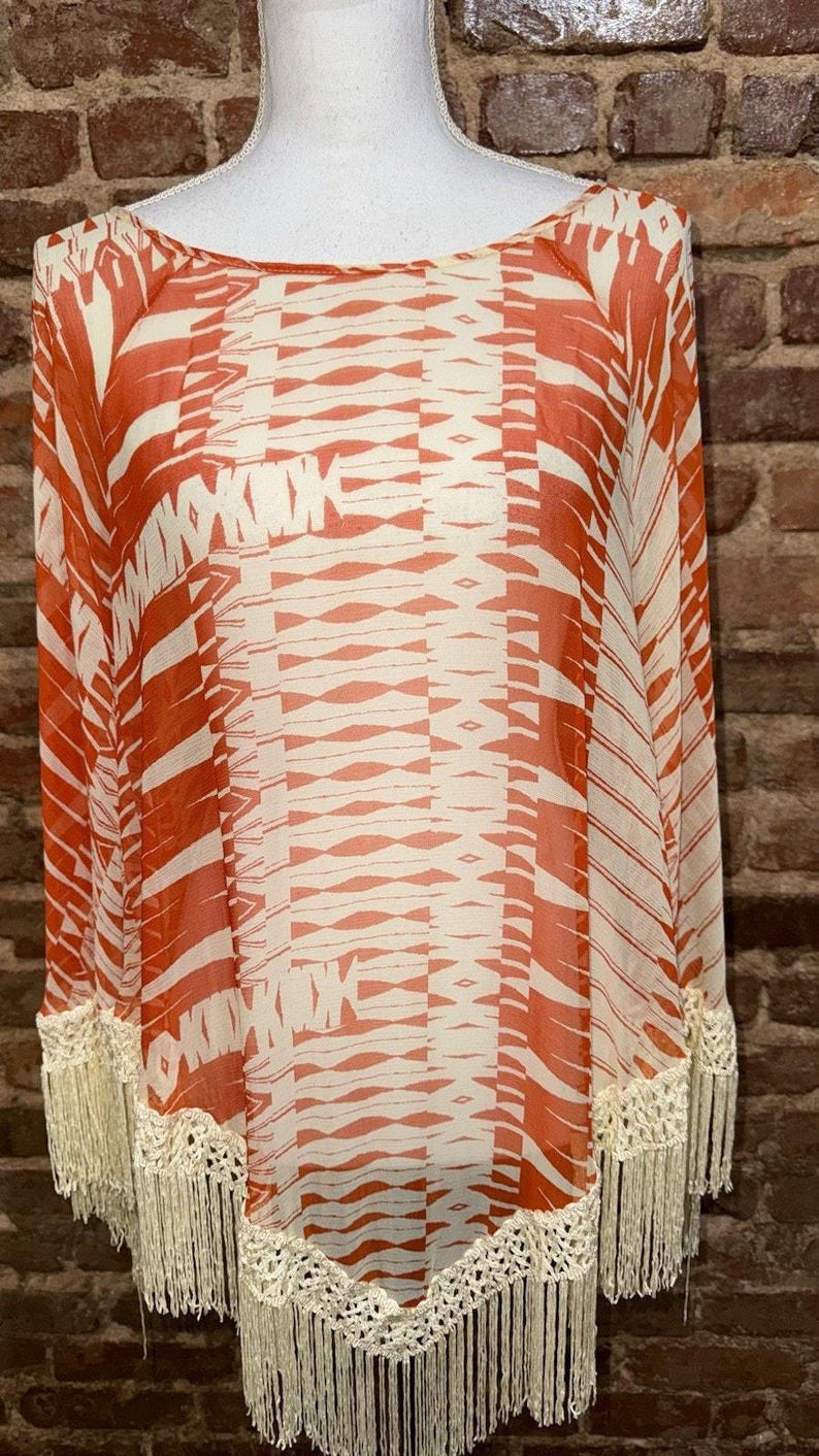ANNA SUI For Anthropologie NWT Orange Silk Sheer Tunic Fringe Sz M Festival Boho image 2