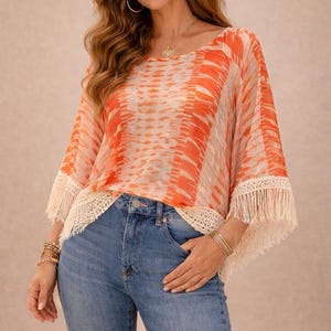 ANNA SUI For Anthropologie NWT Orange Silk Sheer Tunic Fringe Sz M Festival Boho image 1