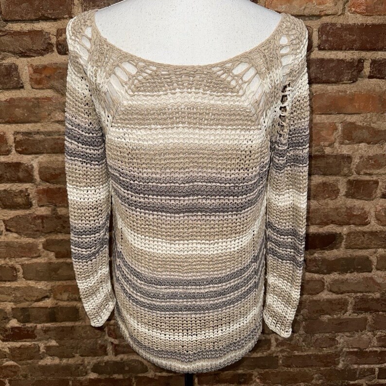 Free People S Striped SWEATER Ribbon Tape Yarn Desert Moon Brown/Tan Boho EUC image 4